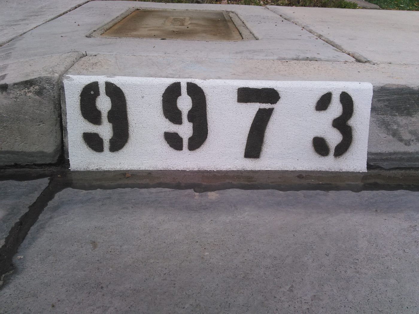 Freshly painted black address numbers on a white reflective block on a concrete curb